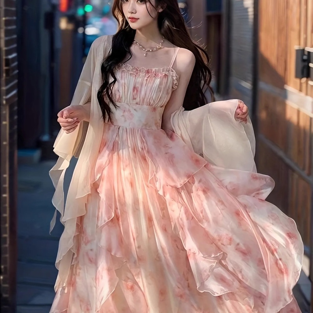 Elegant Floral Pink Dress with cardigan set